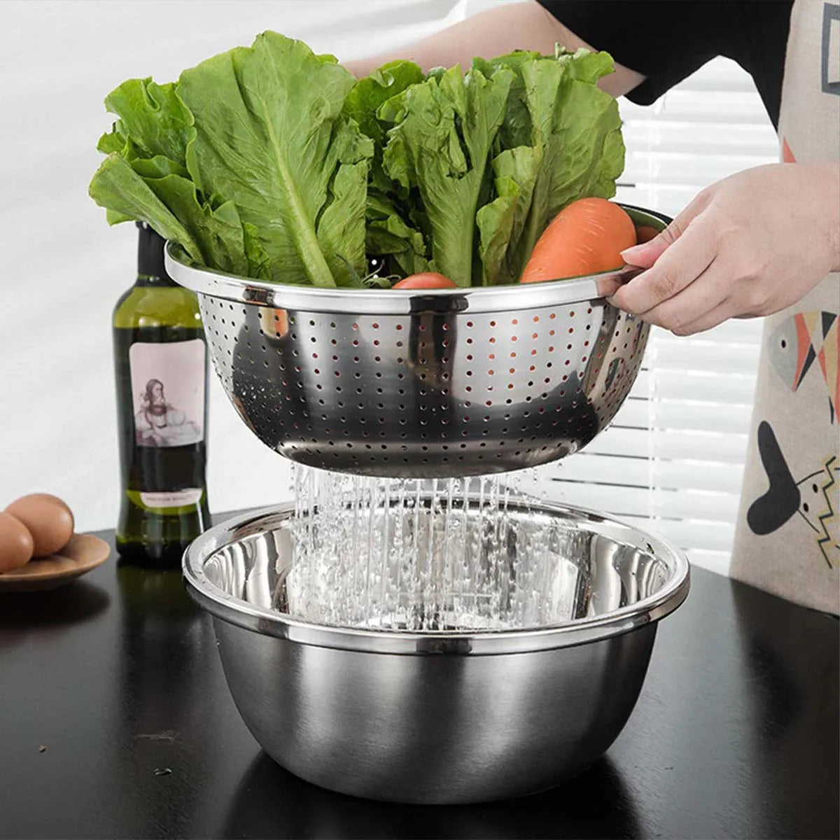 Stainless Steel Kitchen Tool 3-Piece Set With Integrated Grater Multifunctional Strainer And Mixing Bowl For Slicing Vegetables