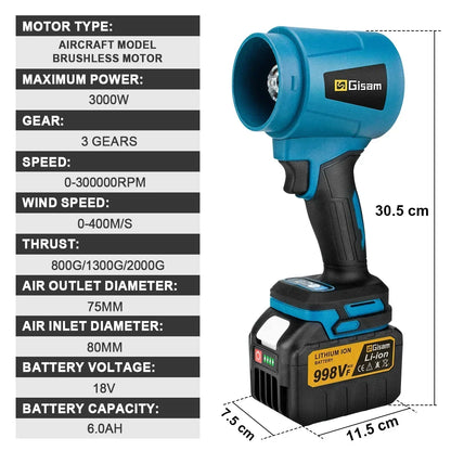 Gisam 300000RPM Brushless Electric Turbo Blower Jet Fan – 400m/s Handheld Air Blower for Dust Cleaning & Leaf Blowing, Compatible with Makita 18V Battery