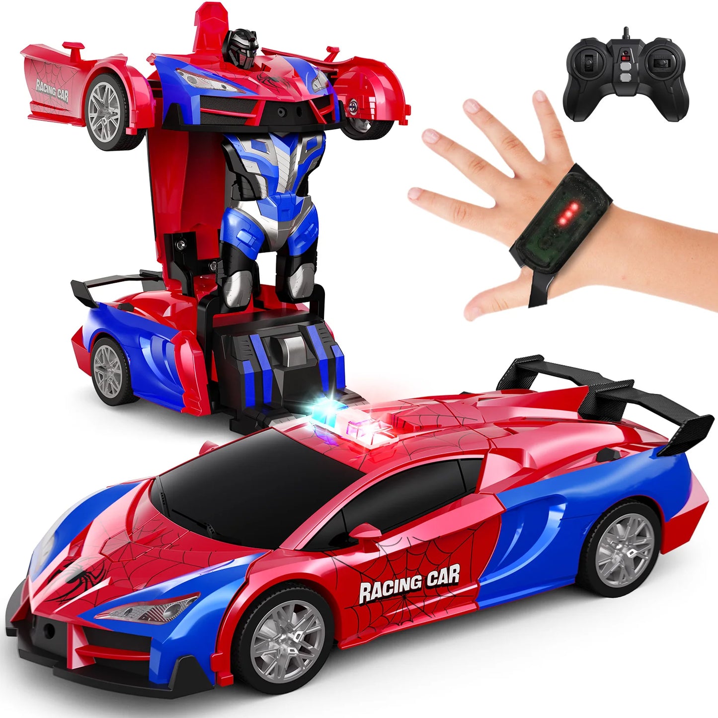 Gesture & Remote Control RC Police Car Toy – 2.4GHz, One-Button Robot Transformer with LED Lights
