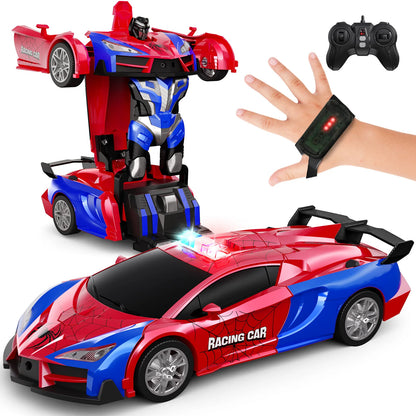 Gesture & Remote Control RC Police Car Toy – 2.4GHz, One-Button Robot Transformer with LED Lights