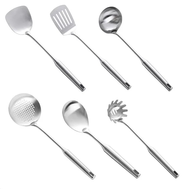 2-7Pcs Stainless Steel Kitchen Utensils Set, All Metal Cooking Tools - Spatula, Soup Ladle, Skimmer, Pasta Server, Large Spoon