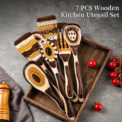 IK Kitchen Utensils 7PCS Pakkawood Cooking  Utensils Set Wooden Spoons for Kitchen Wood Spatula with Non-slip Handle