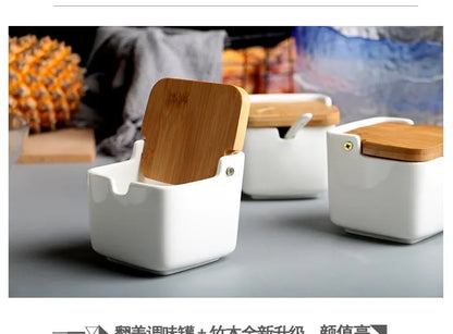 Kitchen Spice Rack Ceramic Wooden Lid Bamboo Tray Base Seasoning Pot Tool Porcelain Storage Container Set Convenient Salt Pepper