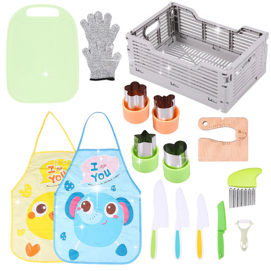 17Pcs Kids Kitchen Knife Set Safe Kids Cooking Set with Foldable Storage Box Multipurpose Toddler Knife Kit for Gathering Party