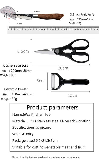 6pcs Kitchen Knives Set Chef Slicing Knives Set Meat Cleaver Fruit Knife Peeler Scissors Stainless Steel Cooking Set Tools