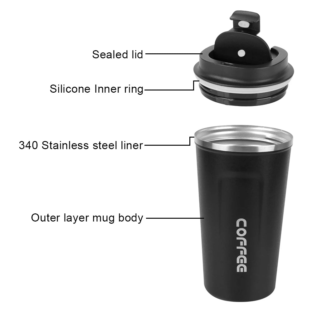Car Coffee Mug - 380ml & 510ml Leak-Proof Thermos Travel Cup, Double-Wall Stainless Steel Vacuum Mug