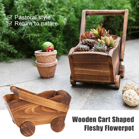 Wooden Wheelbarrow Flowerpot – Rustic Succulent Planter, Mini Garden Decor for Home Bedroom Window Shelf