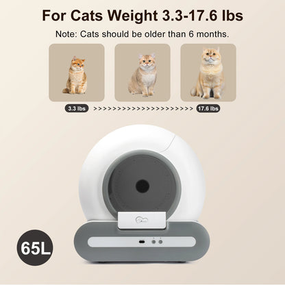 65L Self-Cleaning Automatic Cat Litter Box – App Control, 2.4G WiFi Only, Includes Litter Mat & Trash Bags
