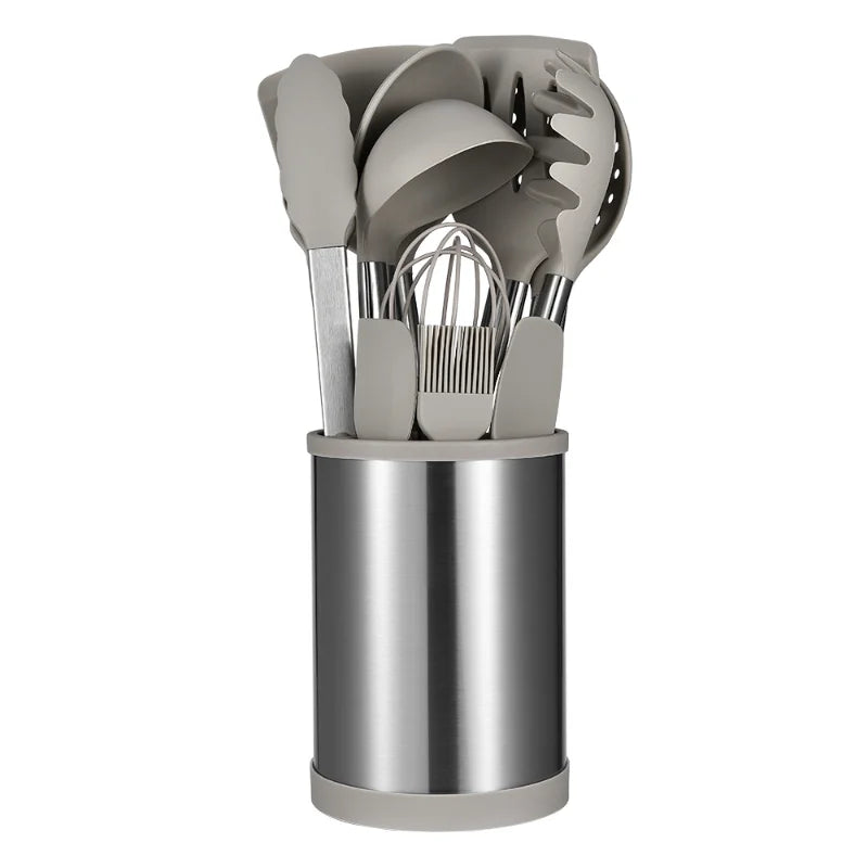 Silicone Kitchen Utensil Set Rotatable Storage Bucket Tube Handle Spatula Soup Spoon Full Set of Kitchen Utensils Non-stick Pan