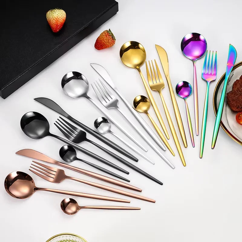 24pcs stainless steel tableware set, including knife, fork, spoon and tea spoon, suitable for outdoor travel.