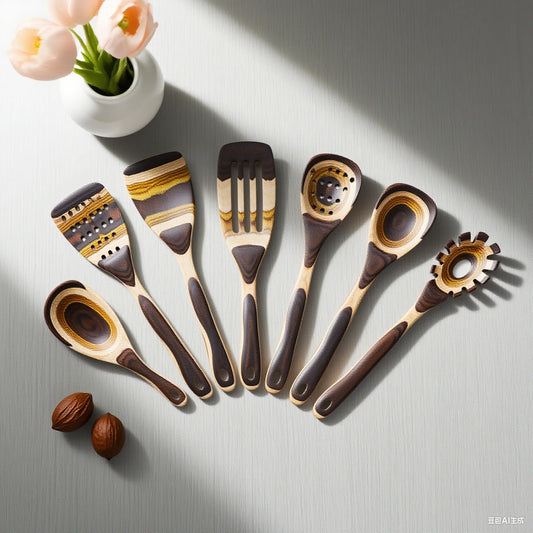 IK Kitchen Utensils 7PCS Pakkawood Cooking  Utensils Set Wooden Spoons for Kitchen Wood Spatula with Non-slip Handle