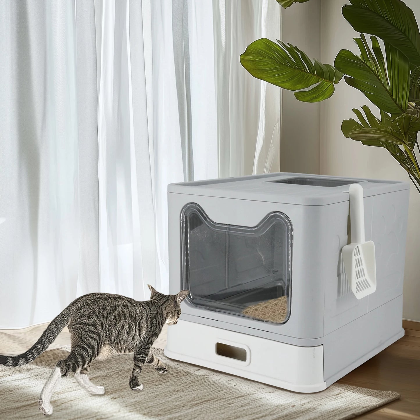 Stainless Steel Cat Litter Box with Lid – Front Entry & Top Exit, Easy-Clean Toilet with Scoop