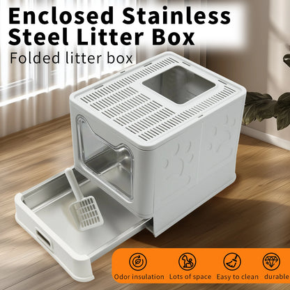 Stainless Steel Cat Litter Box with Lid – Front Entry & Top Exit, Easy-Clean Toilet with Scoop