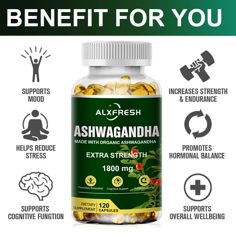 Ashwagandha Root Extract Capsules 1800mg for Natural Mood, Stress, Focus, Brain, Energy, Sleep Health Support