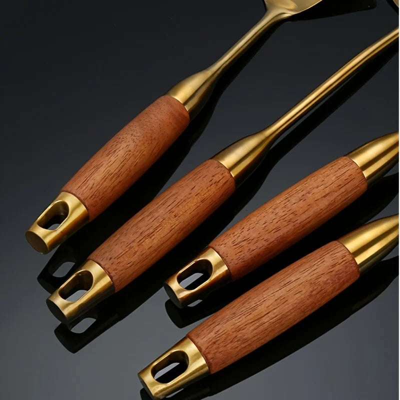 6-Piece Golden 304 Stainless Steel Kitchen Utensil Set with Padauk Wood Handle Soup Spoon and Slotted Spoon for Home Use