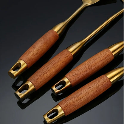 6-Piece Golden 304 Stainless Steel Kitchen Utensil Set with Padauk Wood Handle Soup Spoon and Slotted Spoon for Home Use