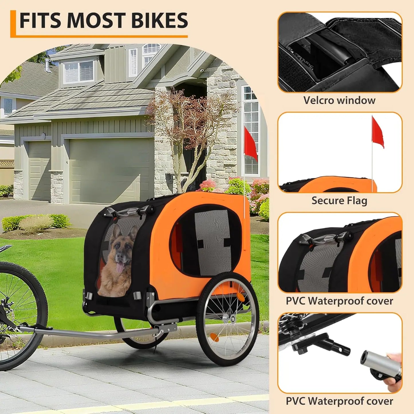 Foldable Dog Bike Trailer - Quick-Release 88Lbs Capacity Pet Carrier with Universal Coupler