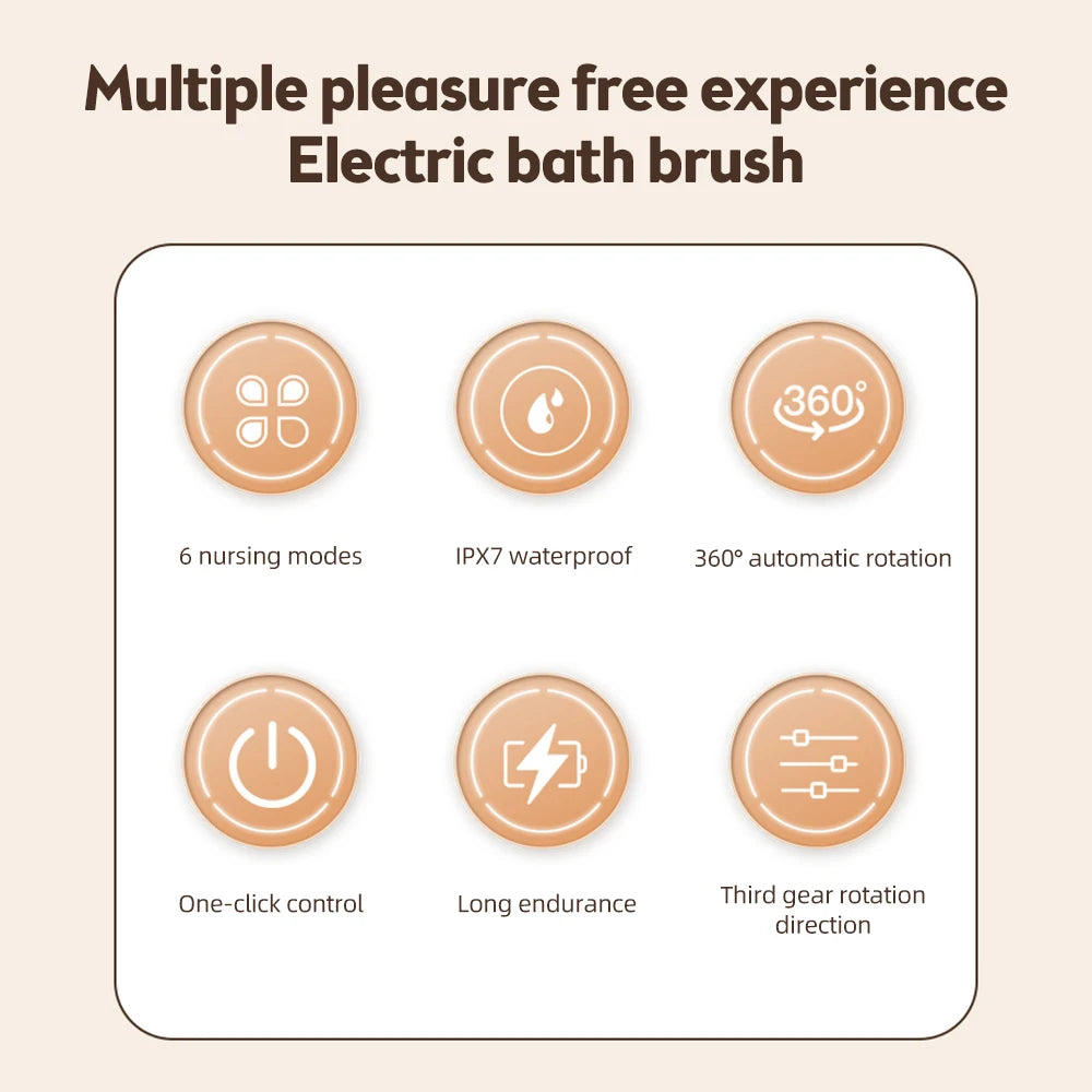 Electric Shower Brush – Rechargeable IPX7 Waterproof, 3-Speed 6-in-1 Wireless Body Scrubber