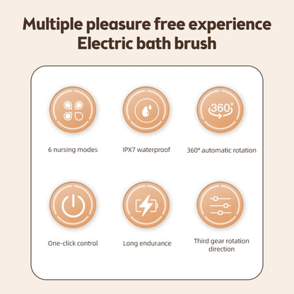 Electric Shower Brush – Rechargeable IPX7 Waterproof, 3-Speed 6-in-1 Wireless Body Scrubber