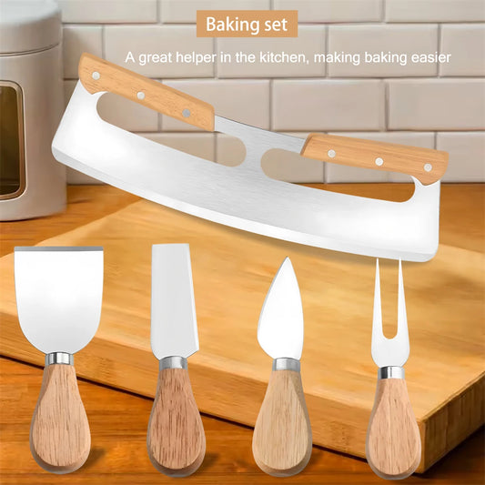 5PCS，Kitchen Baking Tool Set Pizza Slicer Wooden Handles Cheese knife Set Cake Knife Kitchen Tools Kitchen Pizza Tools