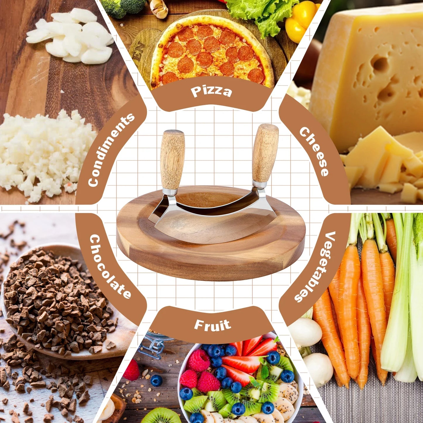 Kitchen pizza knife Stainless steel rocker chopper Slicer cutter Bending double blade salad vegetable meat chopper Kitchen tool