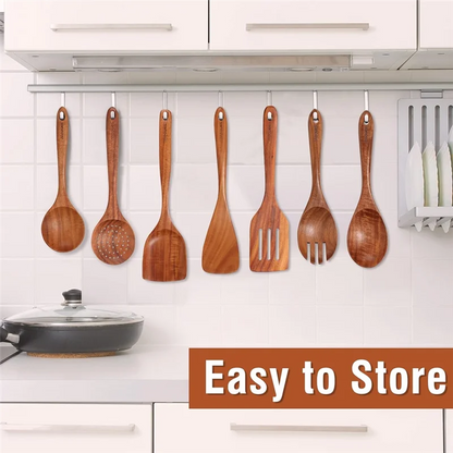 9 PCS Natural Wooden Spoons For Cooking Wooden Utensils For Cooking With Utensil Holder Teak Wooden Kitchen Utensils Setabkw