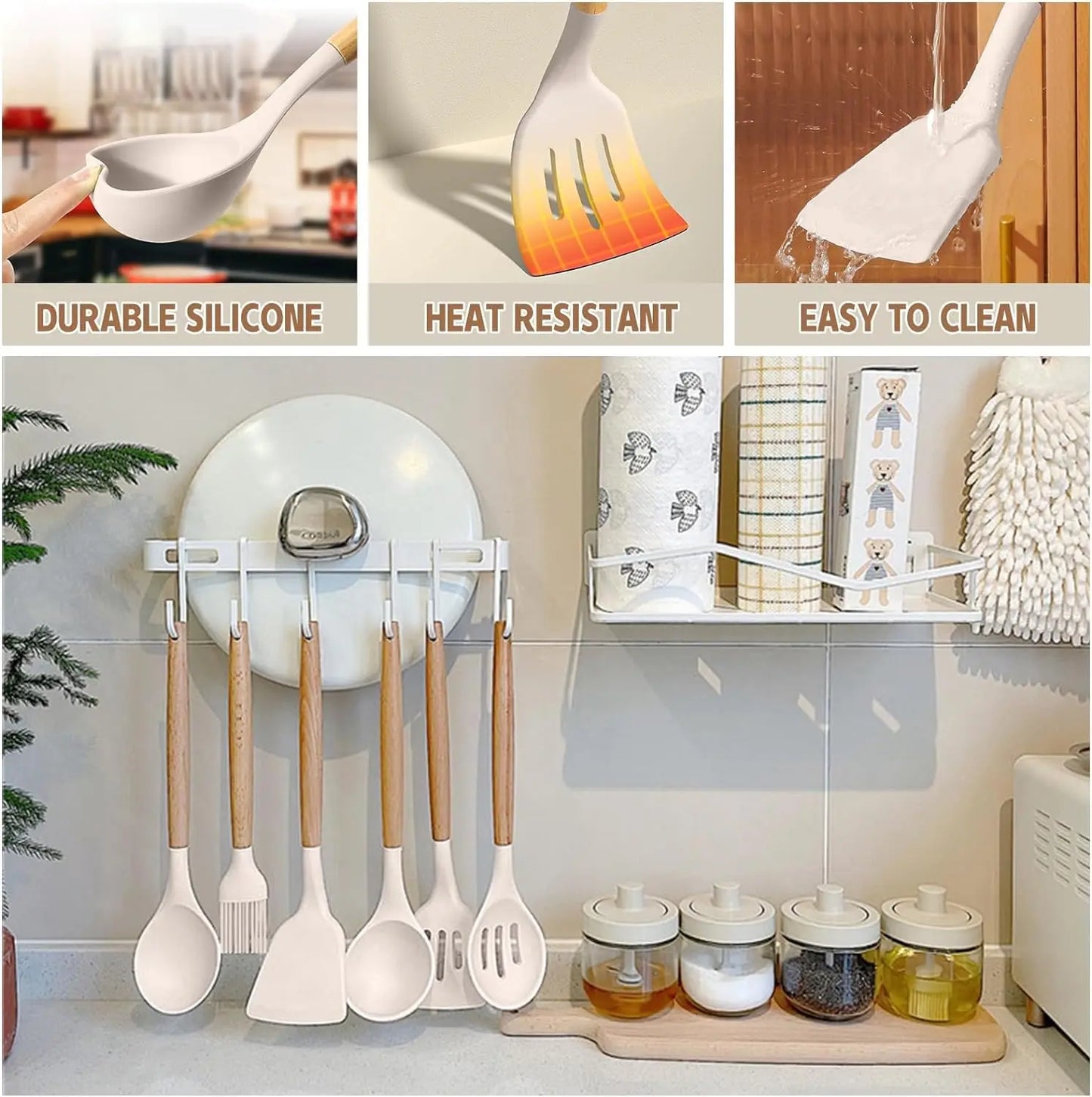 Silicone Kitchen Cooking Utensils Set Non-Stick Spoon Kit With Holder Wooden Handle Scoop Spatula Gadgets Ladle Colander Set