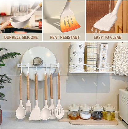 Silicone Kitchen Cooking Utensils Set Non-Stick Spoon Kit With Holder Wooden Handle Scoop Spatula Gadgets Ladle Colander Set