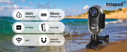 4K Mini WiFi Action Camera - 128GB Thumb POV Video Recorder, IPX7 Waterproof Vlogging Camera with Helmet & Magnetic Mounts (Black)