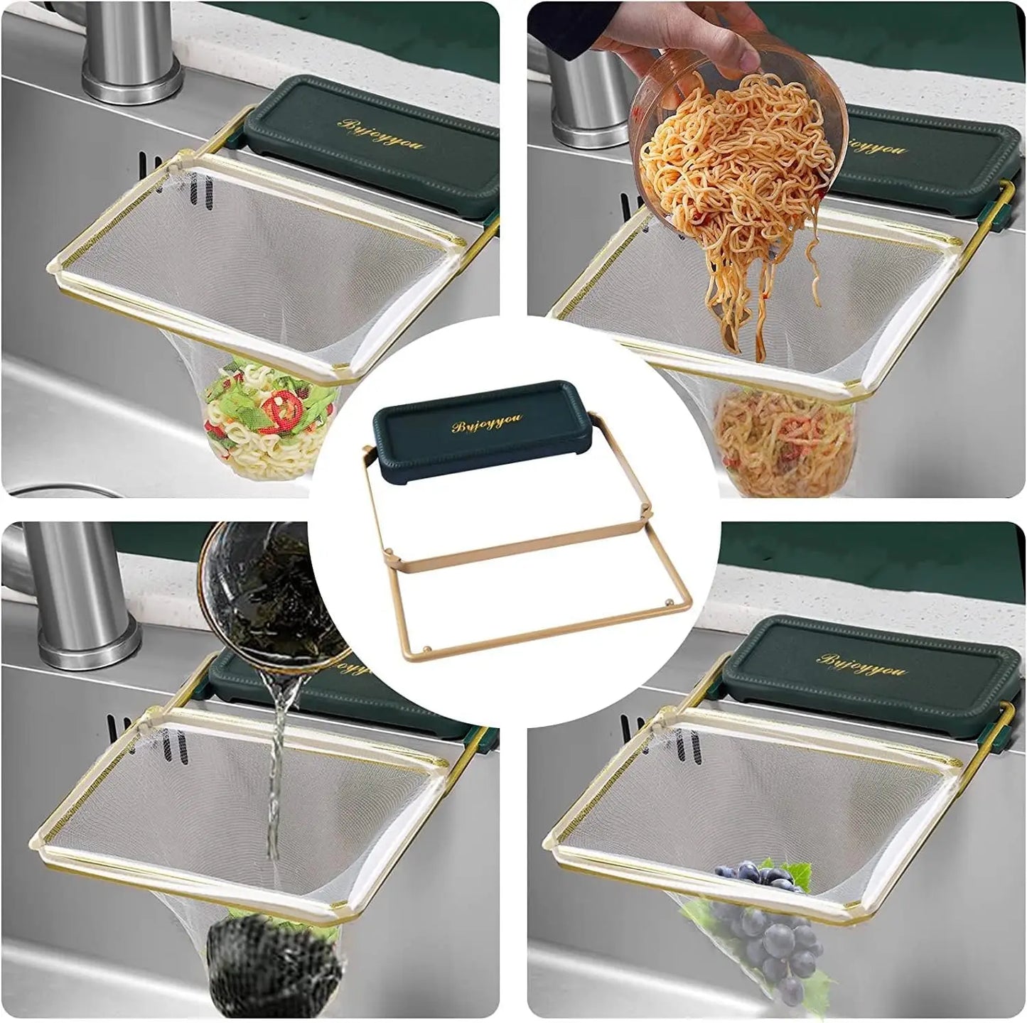 Kitchen Sink Hanging Strainer with 100 Sink Strainer Net Bag Stainless Steel Corner Sink Basket Holder Mesh Sink Strainers