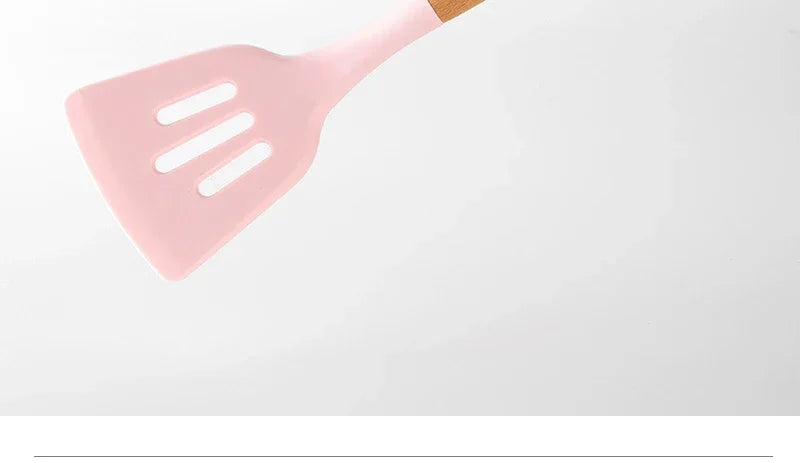 Pink Cooking Kitchenware Tool Silicone Utensils With Wooden Multifunction Handle Non-Stick Spatula Ladle Egg Beaters Shovel