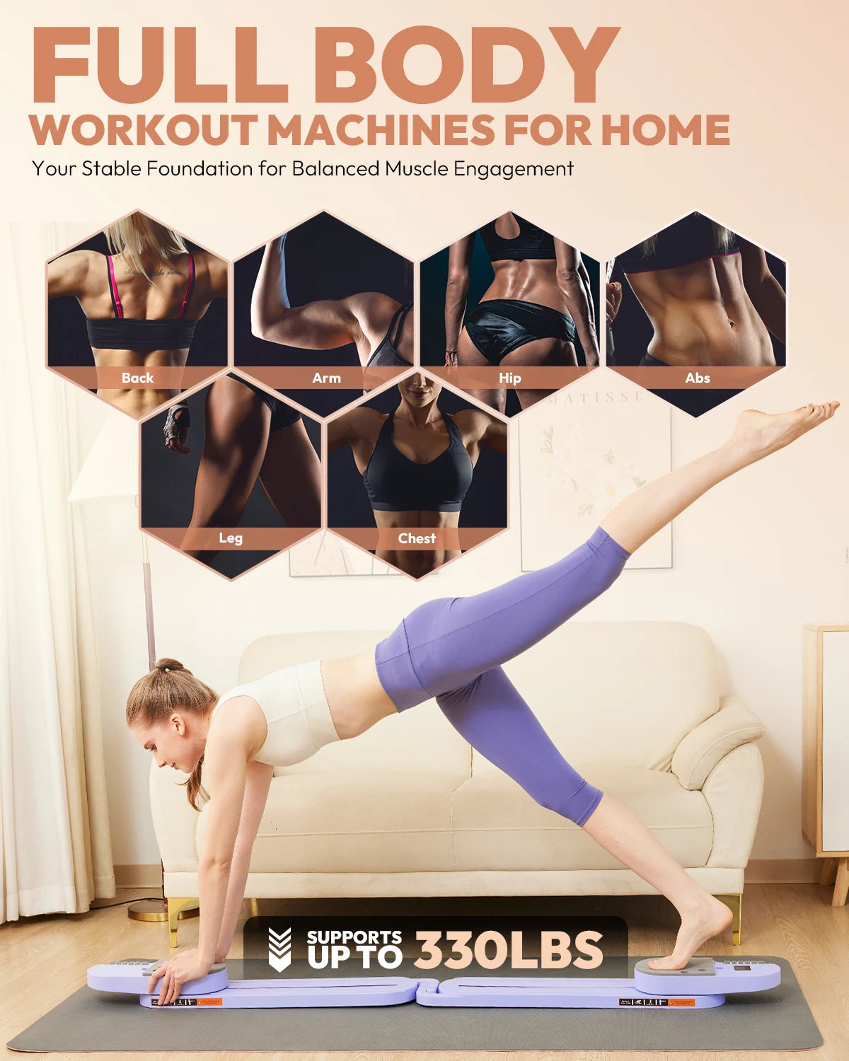 Portable Pilates Board with Resistance Bands – Multi-Functional Full Body Fitness Reformer for Women, Home Workout