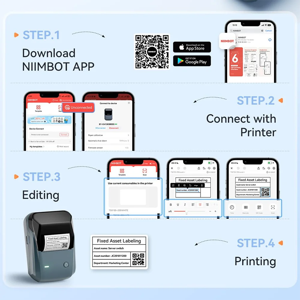 NIIMBOT B1 Portable 2-Inch Thermal Label Printer – Mini Bluetooth Sticker & Adhesive Tape Printer for Smartphones & PC