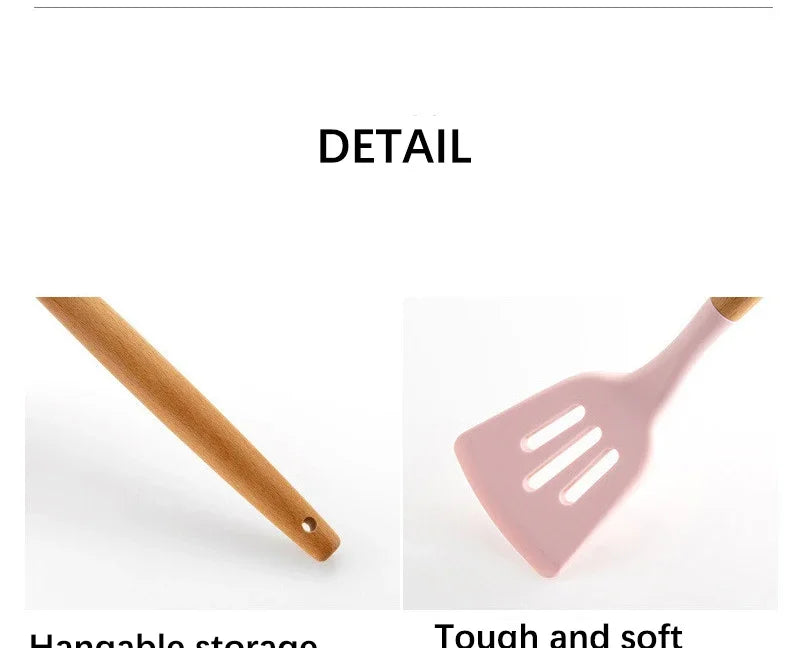 Pink Cooking Kitchenware Tool Silicone Utensils With Wooden Multifunction Handle Non-Stick Spatula Ladle Egg Beaters Shovel