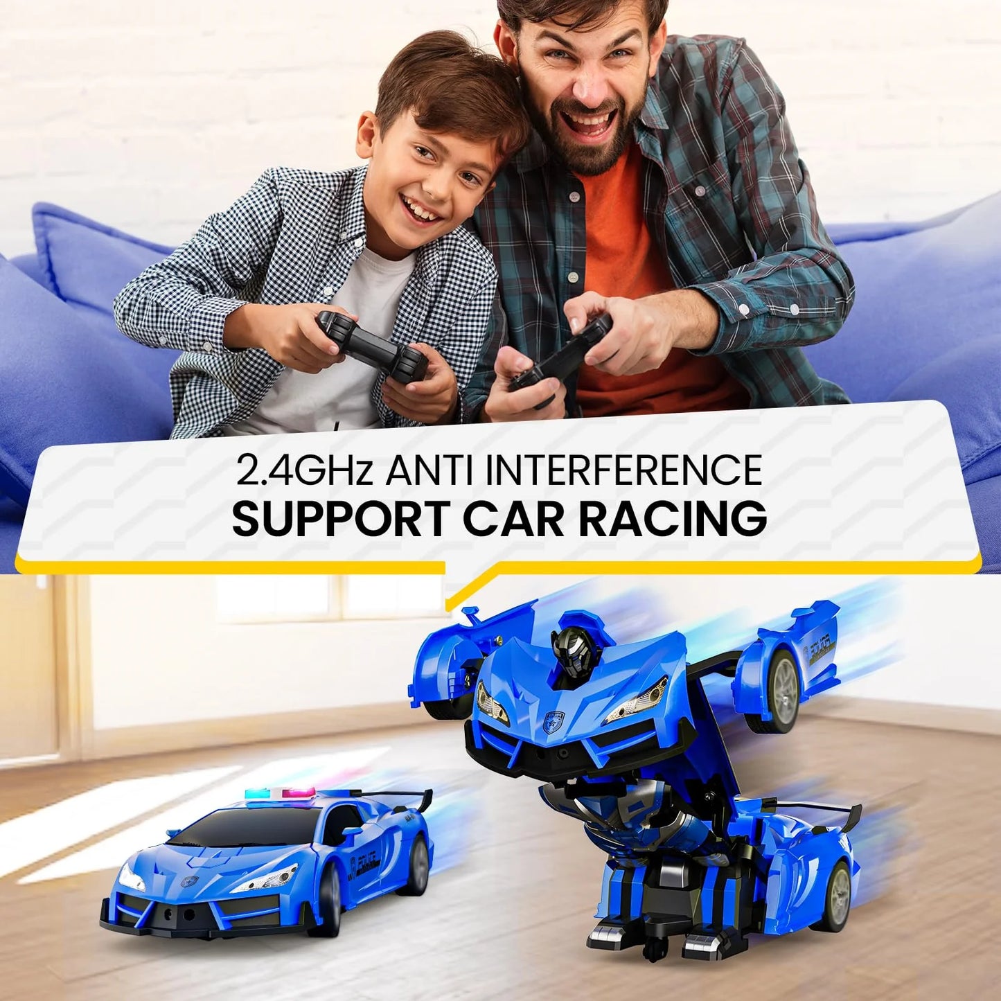 Gesture & Remote Control RC Police Car Toy – 2.4GHz, One-Button Robot Transformer with LED Lights