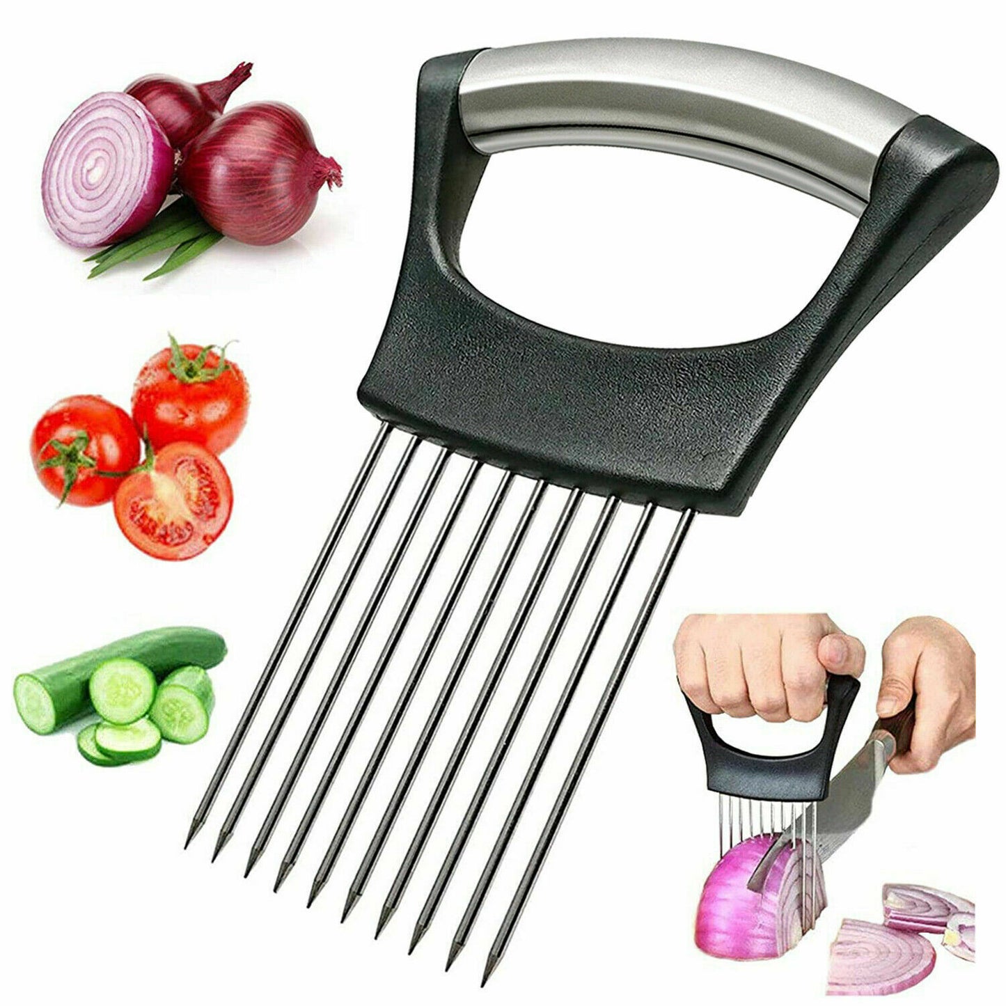 Stainless Steel Onion Holder Slicer – Vegetable & Tomato Cutting Tool Kitchen Gadget
